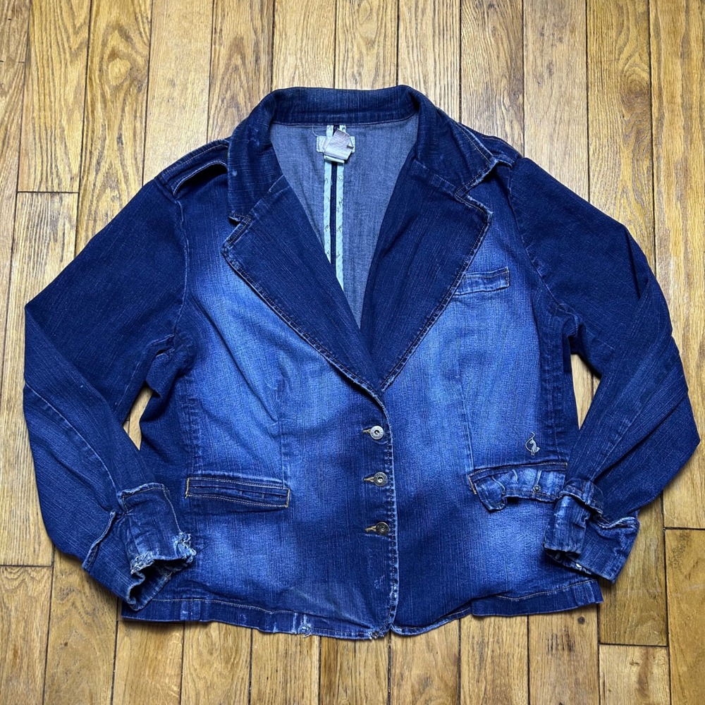 Y2K Vintage Baby Phat Denim Blazer Jacket Blue Two Tone Distressed 3X